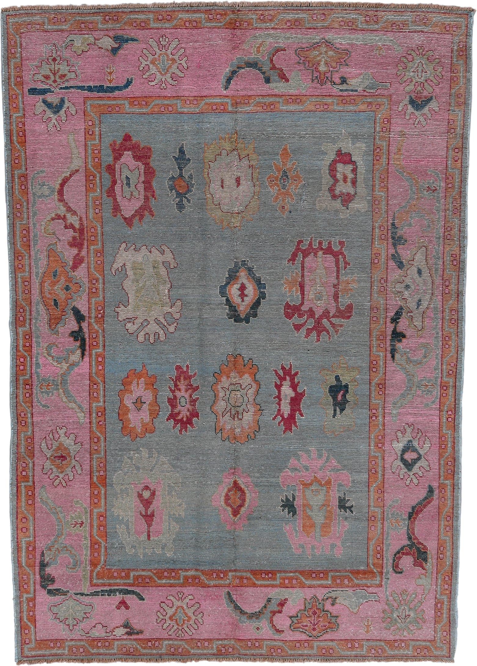 5' x 7' one-of-a-kind handmade vintage Oushak rug. Color palette: pink, pale blue, coral, ivory, slate, saffron, rose, sage