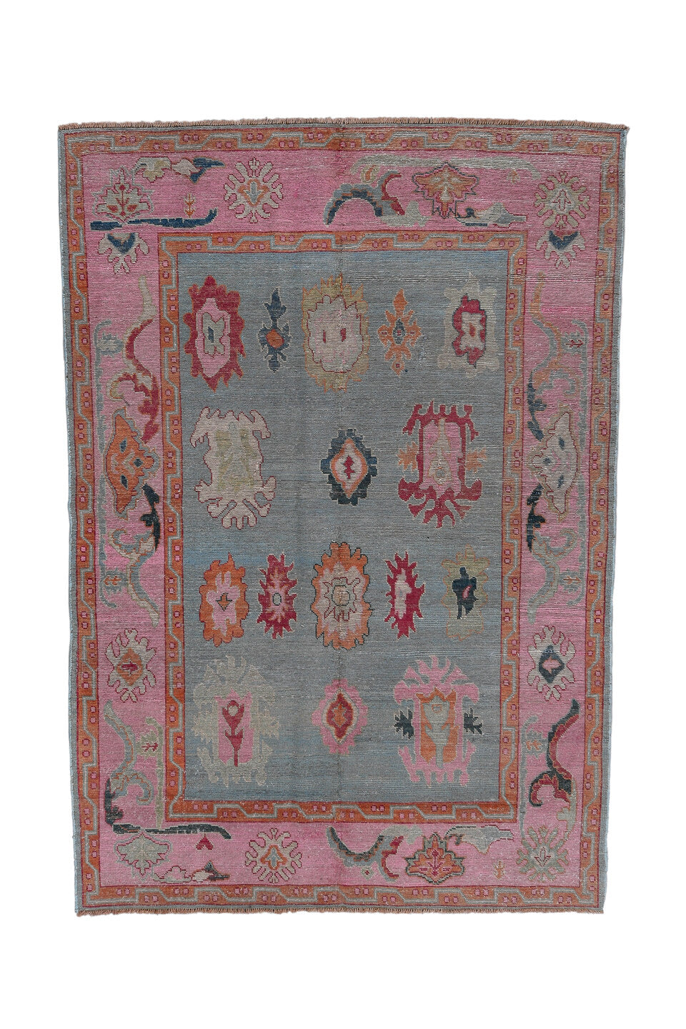 5' x 7' one-of-a-kind handmade vintage Oushak rug. Color palette: black, brown, charcoal, dark gray, gray, light gray, pink