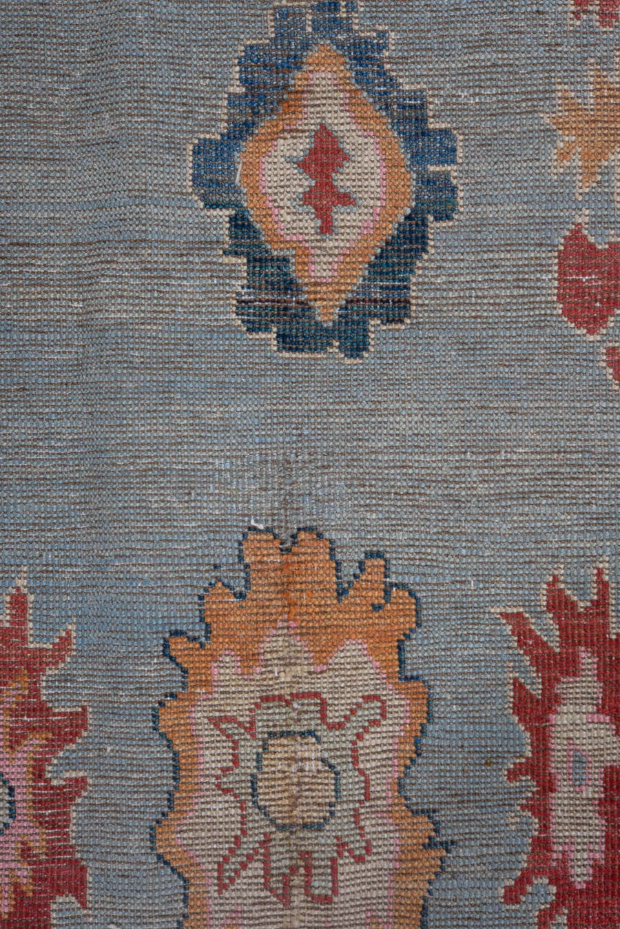 5' x 7' one-of-a-kind handmade vintage Oushak rug. Color palette: pink, pale blue, coral, ivory, slate, saffron, rose, sage