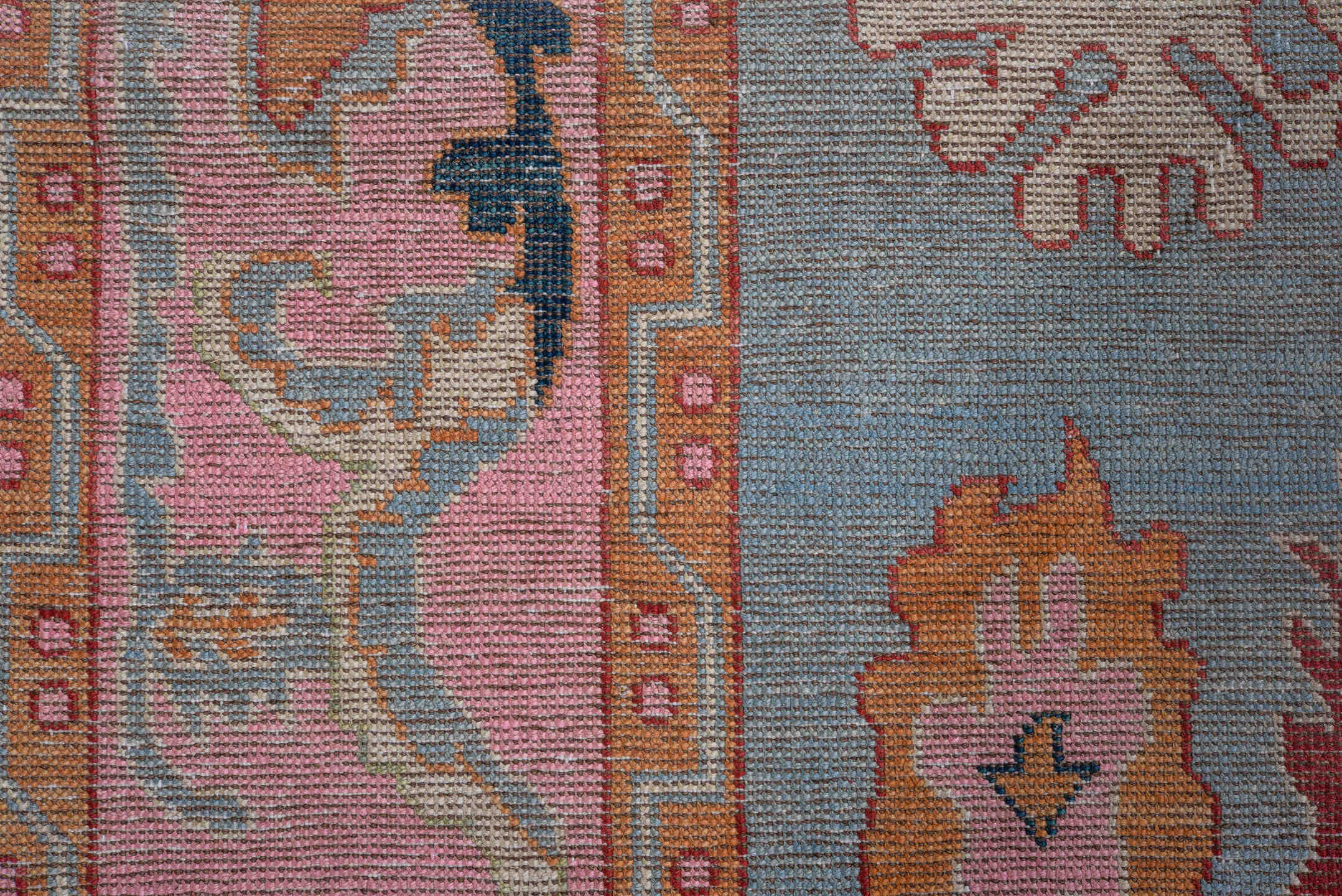 5' x 7' one-of-a-kind handmade vintage Oushak rug. Color palette: pink, pale blue, coral, ivory, slate, saffron, rose, sage