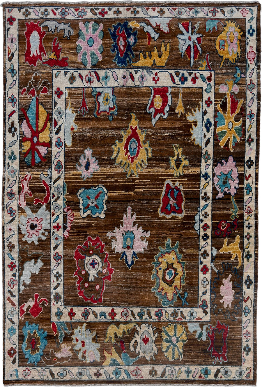 5' x 7' one-of-a-kind handmade vintage Afghan medium size rug. Color palette: brown, ivory, sky blue, crimson, gold, blush