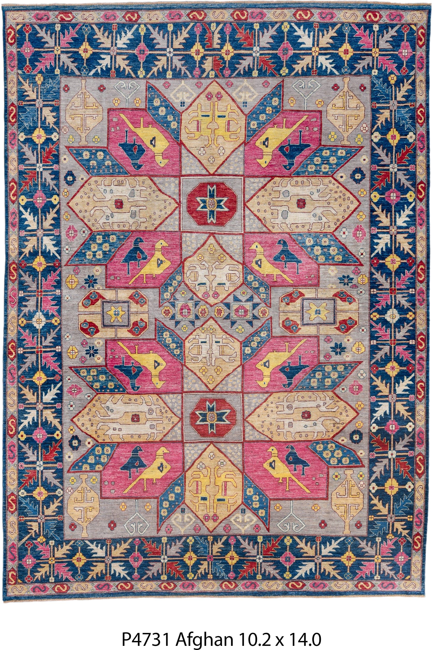 10' x 14' one-of-a-kind handmade vintage Afghan large size rug. Color palette: blue, ivory, rose, gold, red, gray, navy