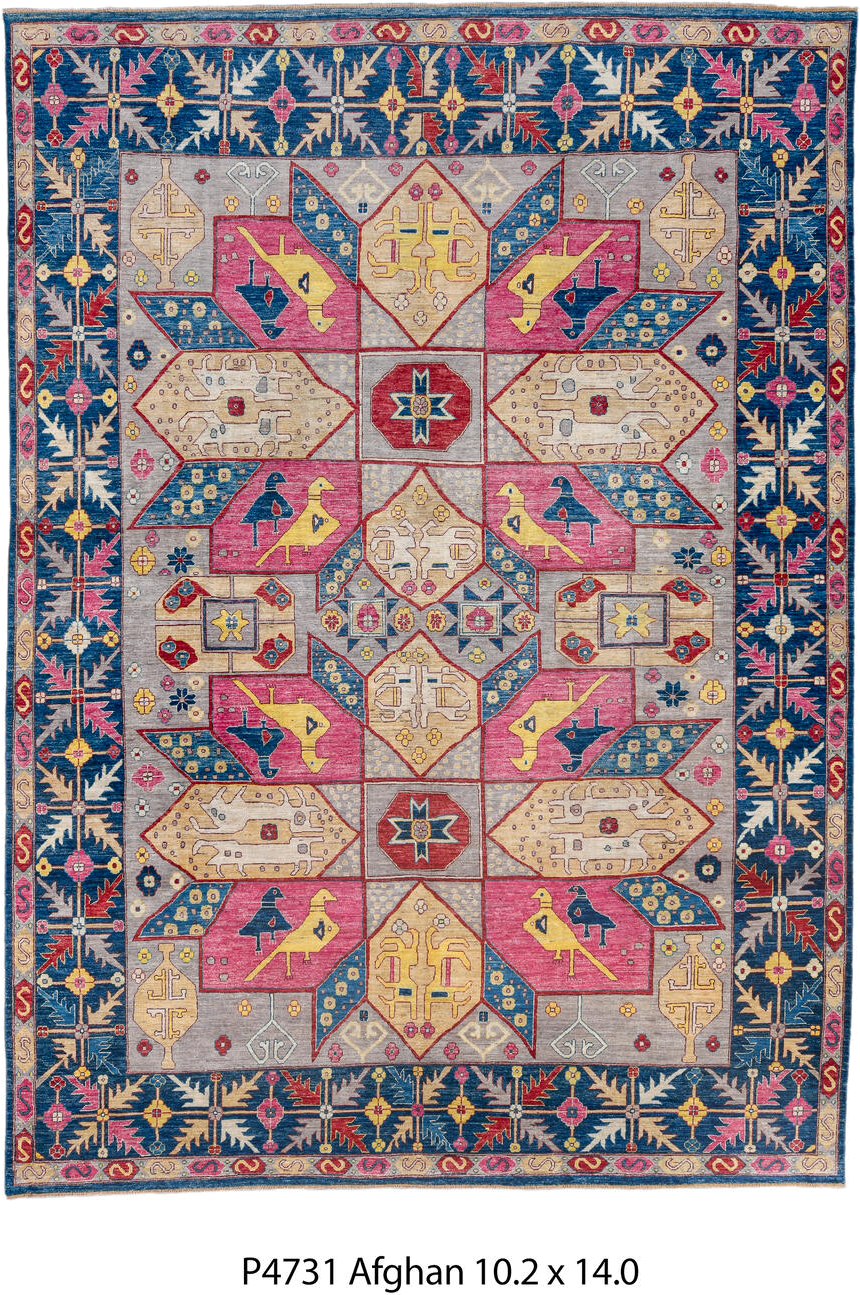 10' x 14' one-of-a-kind handmade vintage Afghan large size rug. Color palette: blue, ivory, rose, gold, red, gray, navy