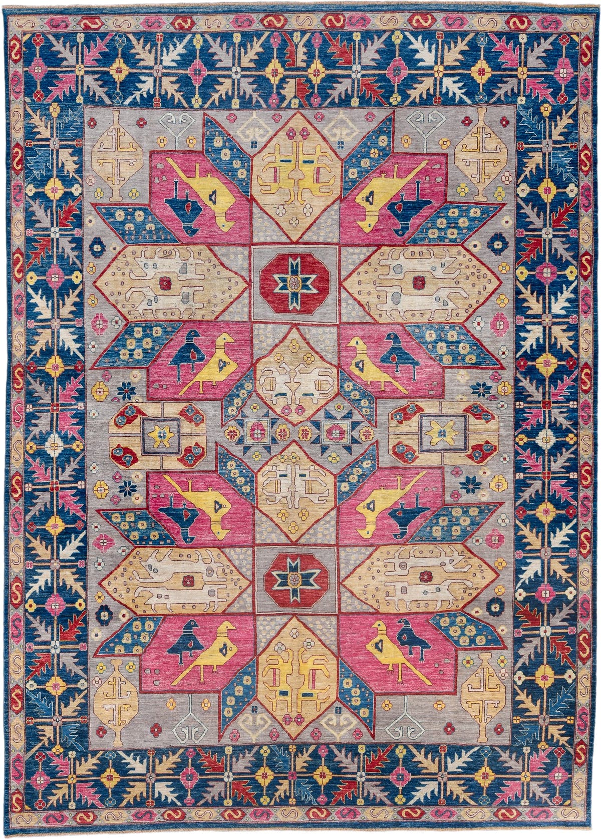 10' x 14' one-of-a-kind handmade vintage Afghan large size rug. Color palette: blue, ivory, rose, gold, red, gray, navy