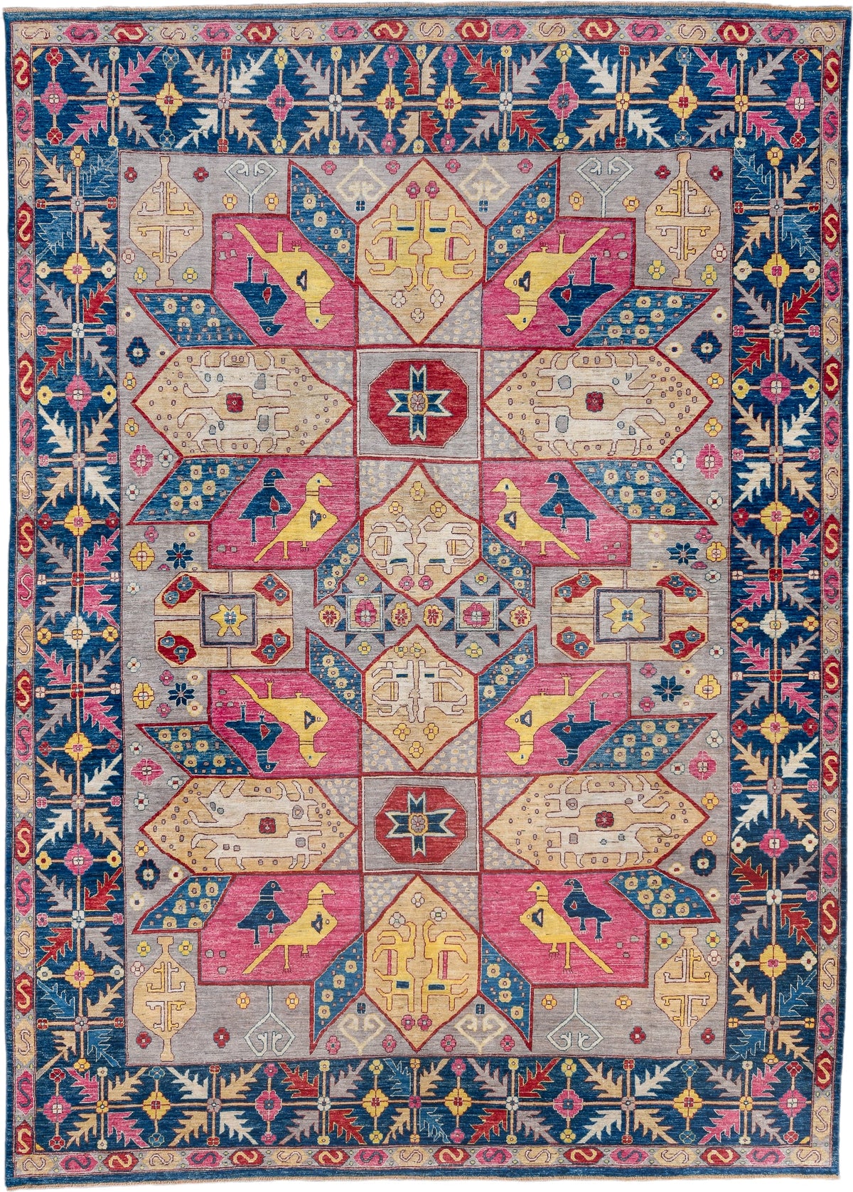10' x 14' one-of-a-kind handmade vintage Afghan large size rug. Color palette: blue, ivory, rose, gold, red, gray, navy