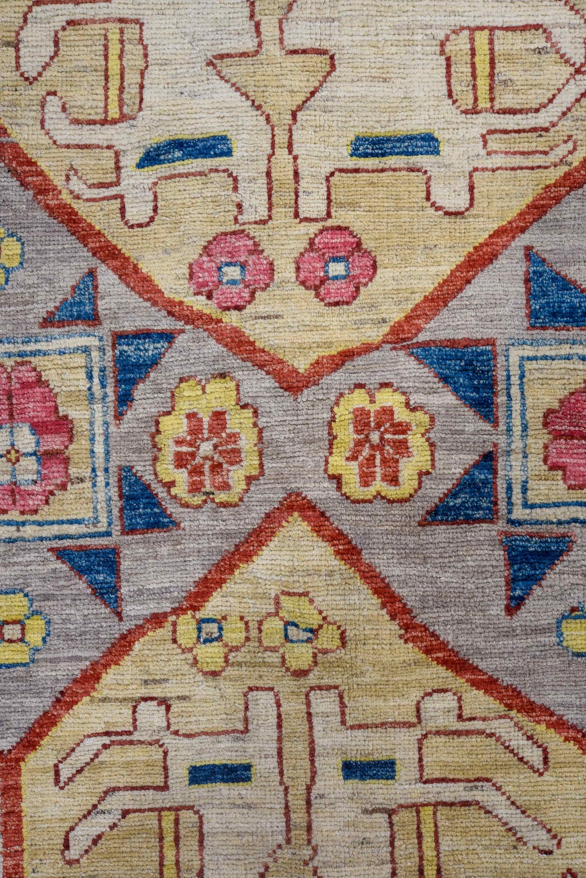 10' x 14' one-of-a-kind handmade vintage Afghan large size rug. Color palette: blue, ivory, rose, gold, red, gray, navy