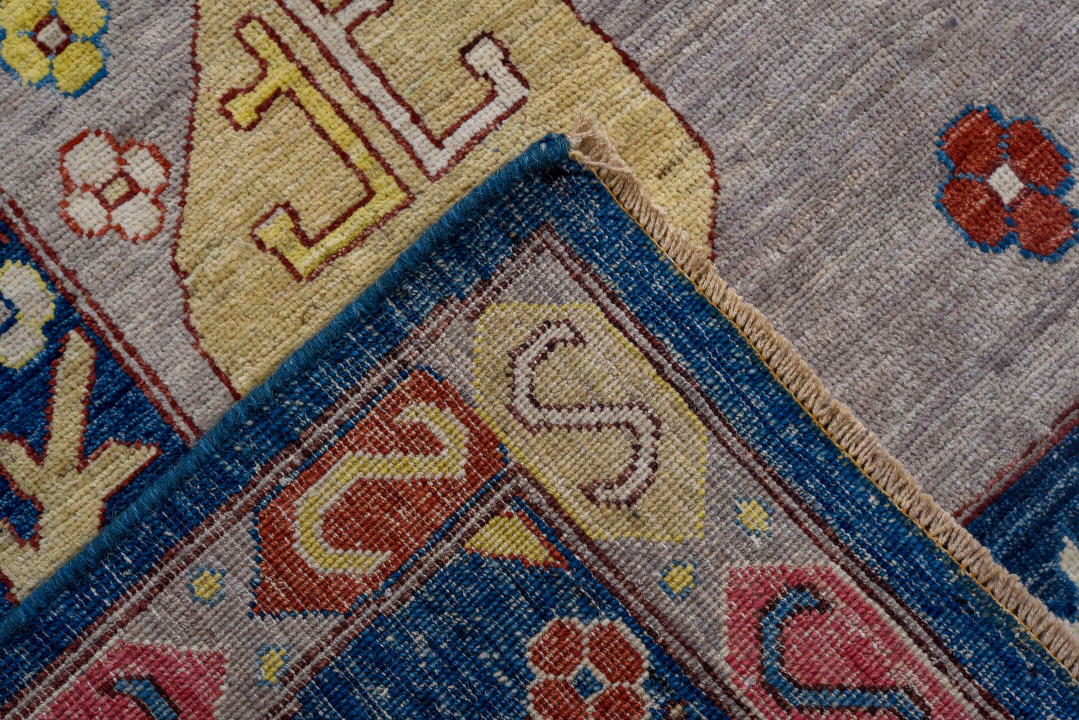 10' x 14' one-of-a-kind handmade vintage Afghan large size rug. Color palette: blue, ivory, rose, gold, red, gray, navy