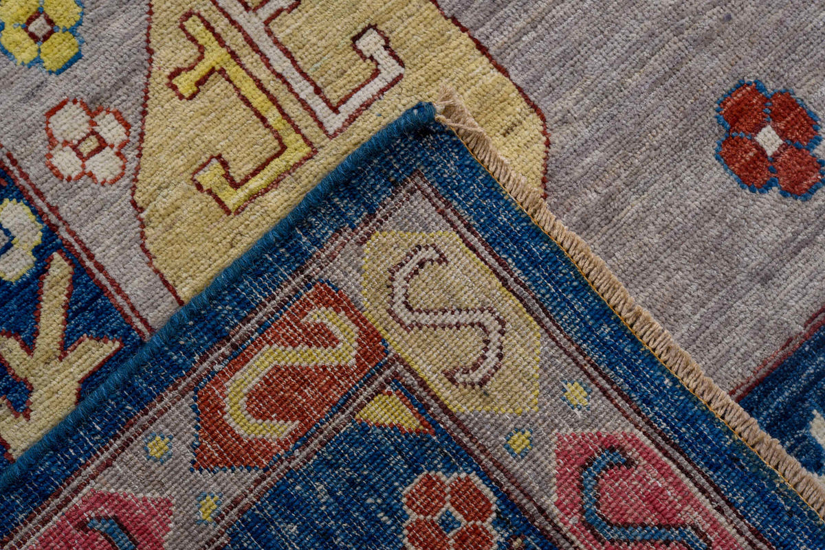 10' x 14' one-of-a-kind handmade vintage Afghan large size rug. Color palette: blue, ivory, rose, gold, red, gray, navy