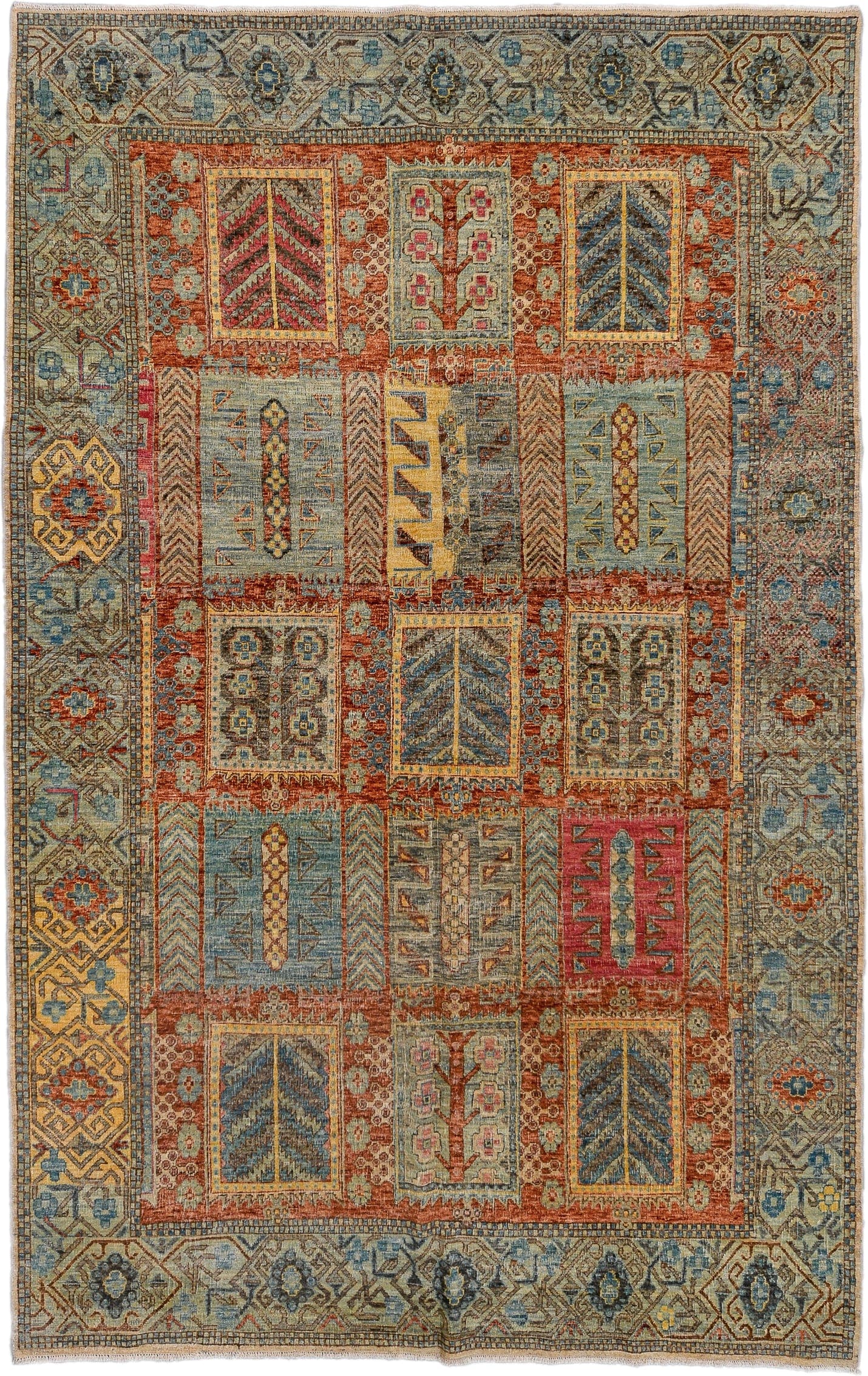 6' x 10' one-of-a-kind handmade vintage Afghan large size rug. Color palette: rust, sky blue, ivory, gold, taupe, rose