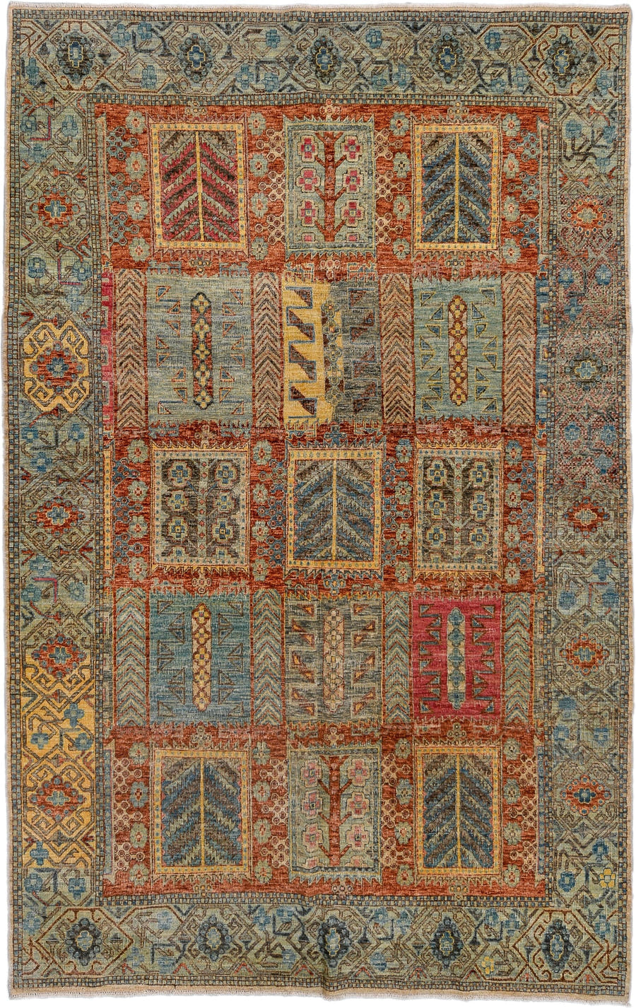 6' x 10' one-of-a-kind handmade vintage Afghan large size rug. Color palette: rust, sky blue, ivory, gold, taupe, rose