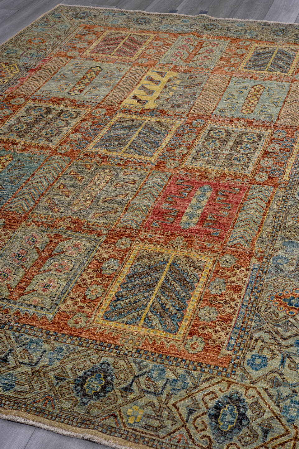 6' x 10' one-of-a-kind handmade vintage Afghan large size rug. Color palette: rust, sky blue, ivory, gold, taupe, rose