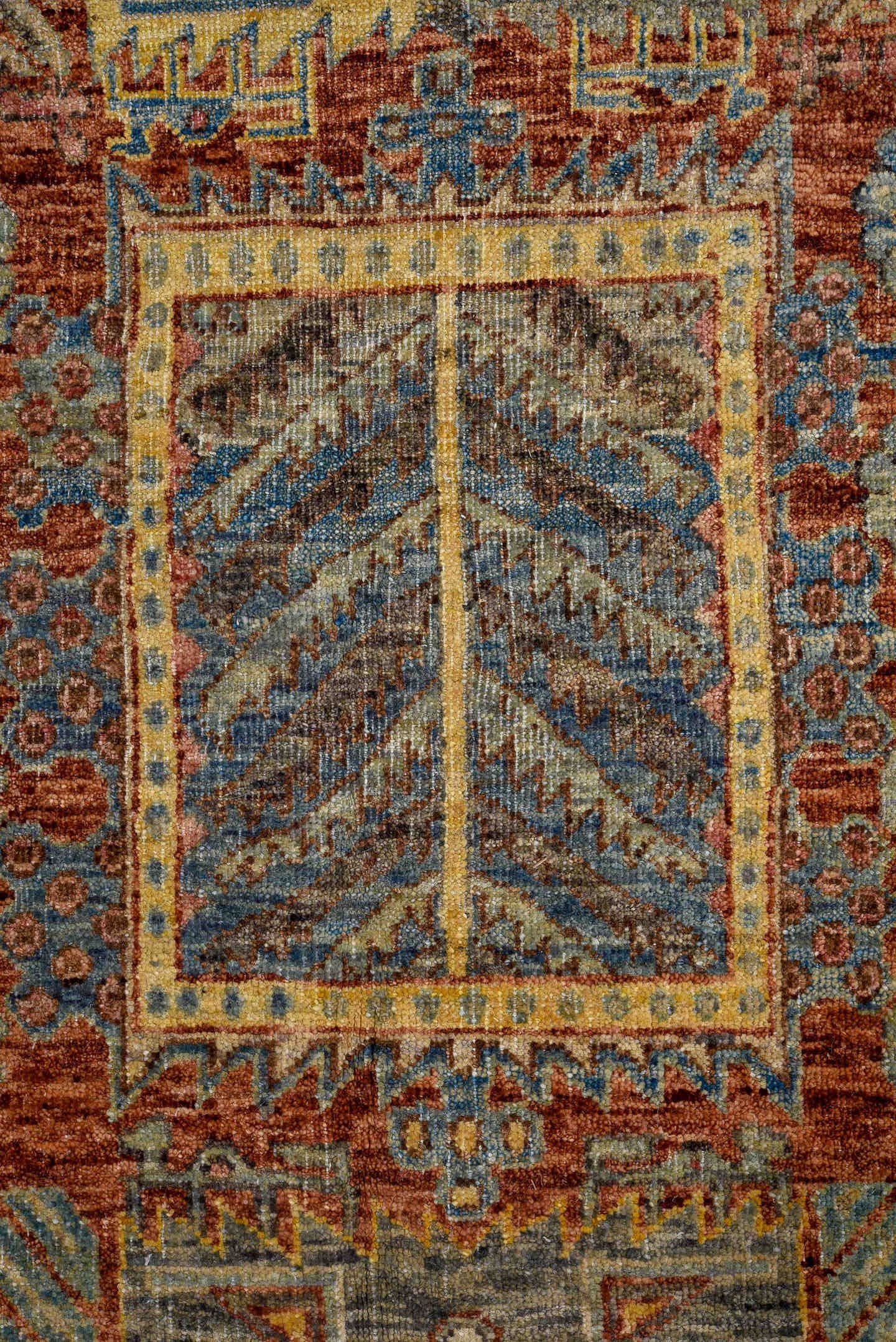 6' x 10' one-of-a-kind handmade vintage Afghan large size rug. Color palette: rust, sky blue, ivory, gold, taupe, rose