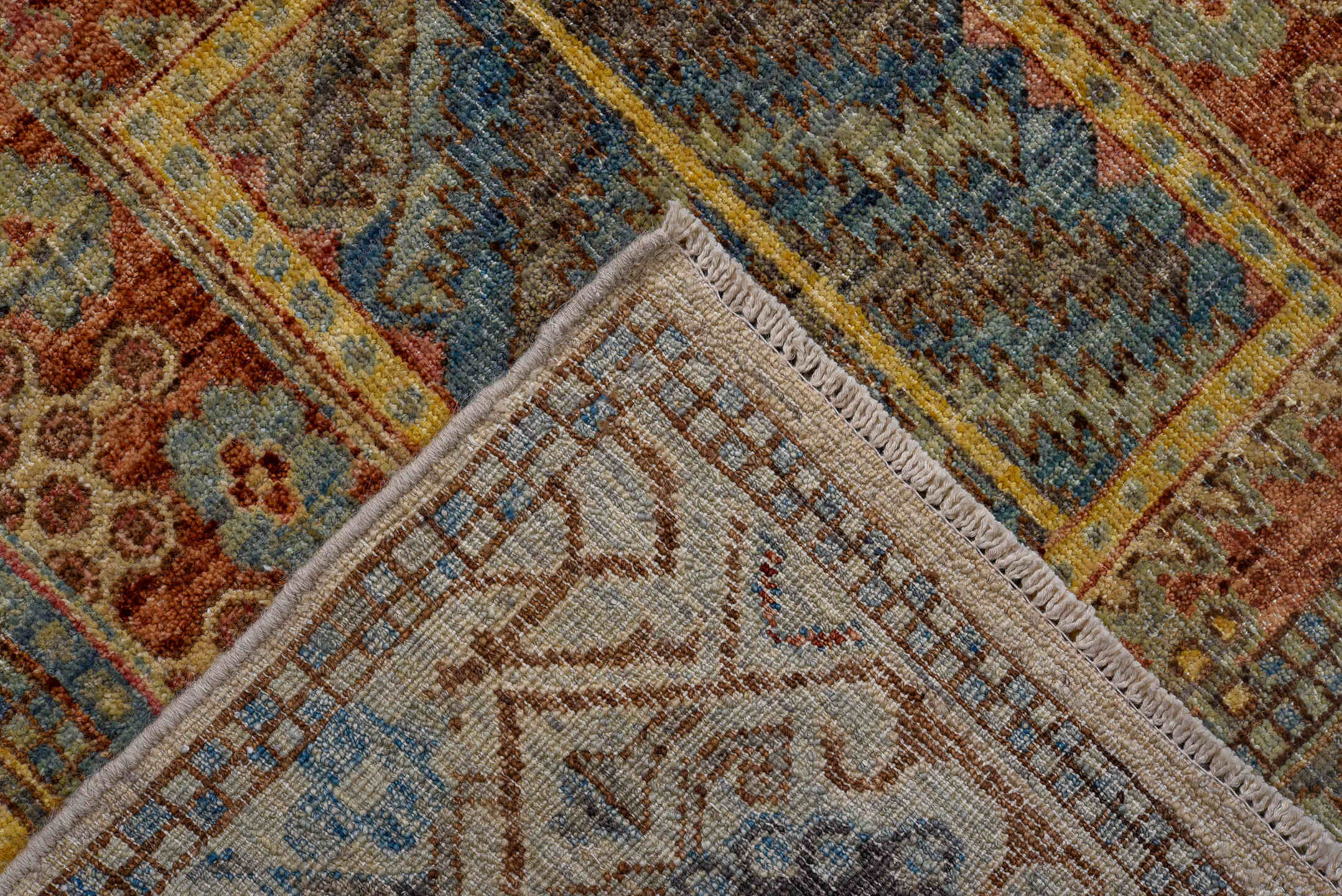 6' x 10' one-of-a-kind handmade vintage Afghan large size rug. Color palette: rust, sky blue, ivory, gold, taupe, rose