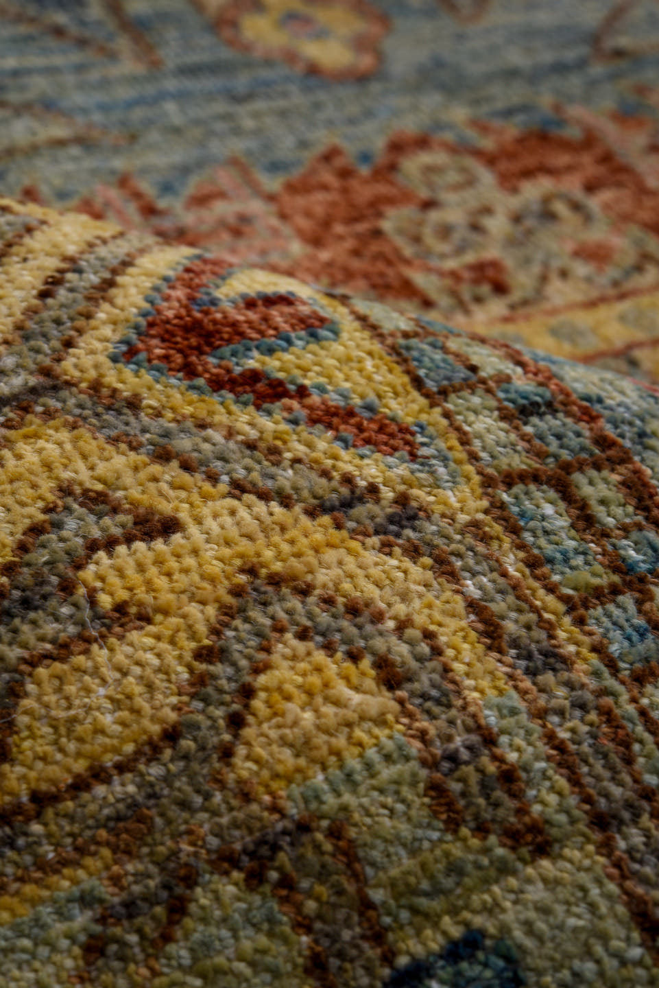 6' x 10' one-of-a-kind handmade vintage Afghan large size rug. Color palette: rust, sky blue, ivory, gold, taupe, rose