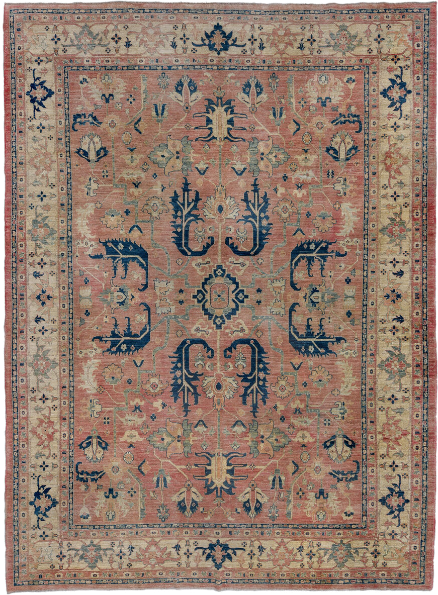 10' x 14' one-of-a-kind handmade vintage Afghan large size rug. Color palette: rose, ivory, navy, sage, taupe, dusty blue