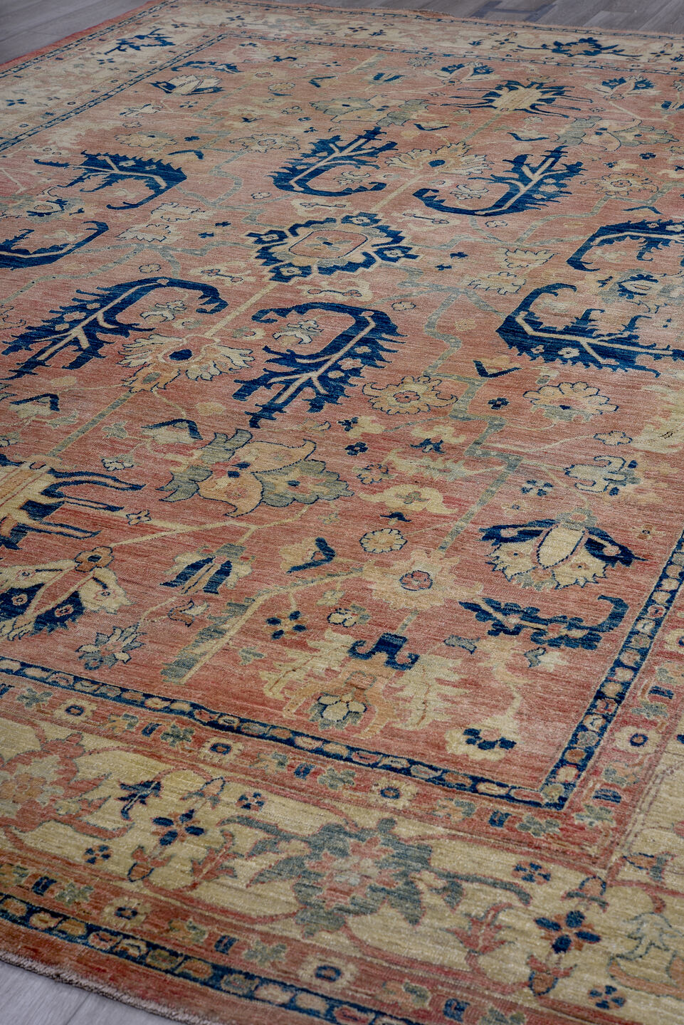10' x 14' one-of-a-kind handmade vintage Afghan large size rug. Color palette: rose, ivory, navy, sage, taupe, dusty blue