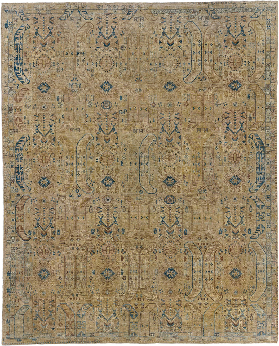 13' x 16' one-of-a-kind handmade vintage Afghan oversize rug. Color palette: tan, beige, camel, blue, ivory, taupe, brown