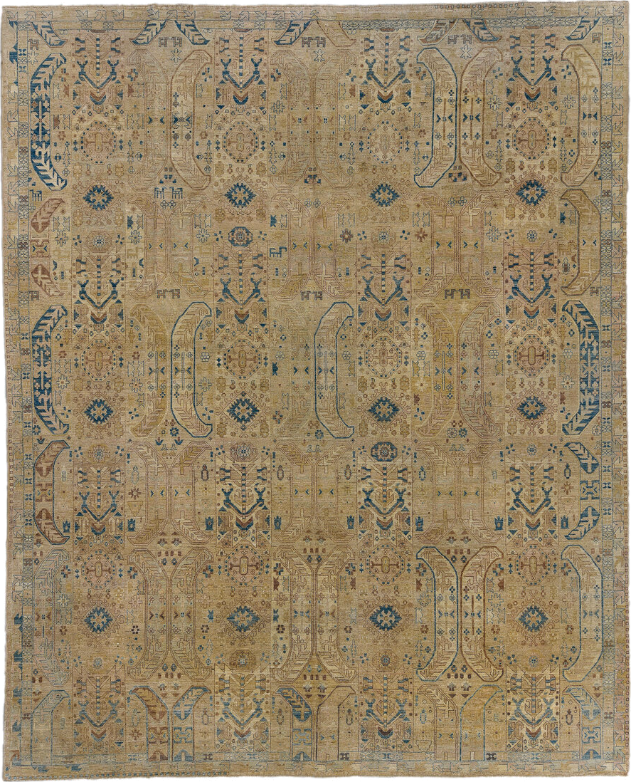 13' x 16' one-of-a-kind handmade vintage Afghan oversize rug. Color palette: tan, beige, camel, blue, ivory, taupe, brown