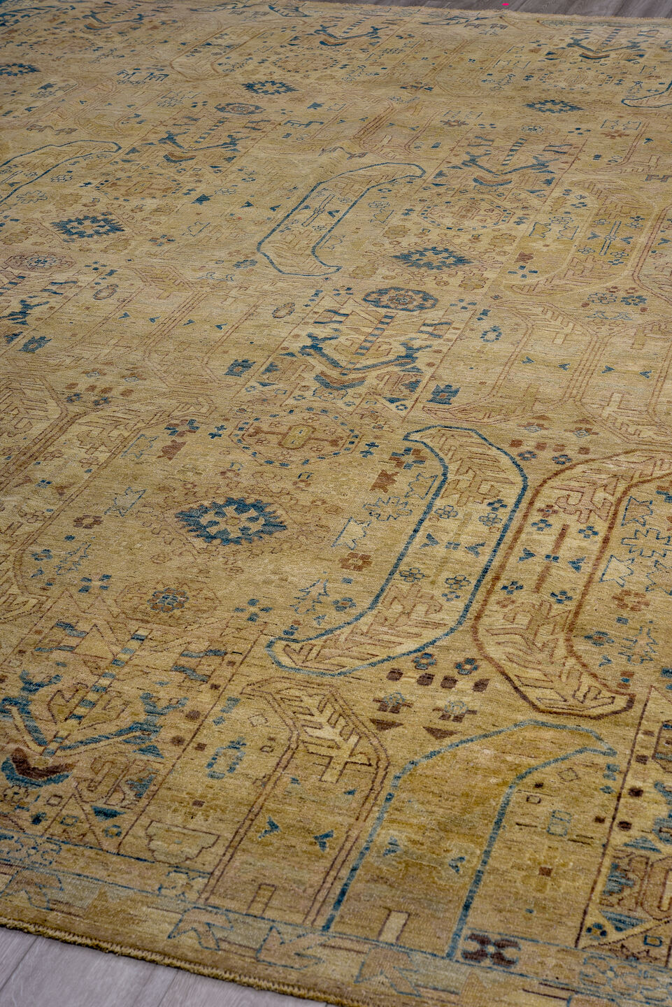 13' x 16' one-of-a-kind handmade vintage Afghan oversize rug. Color palette: tan, beige, camel, blue, ivory, taupe, brown