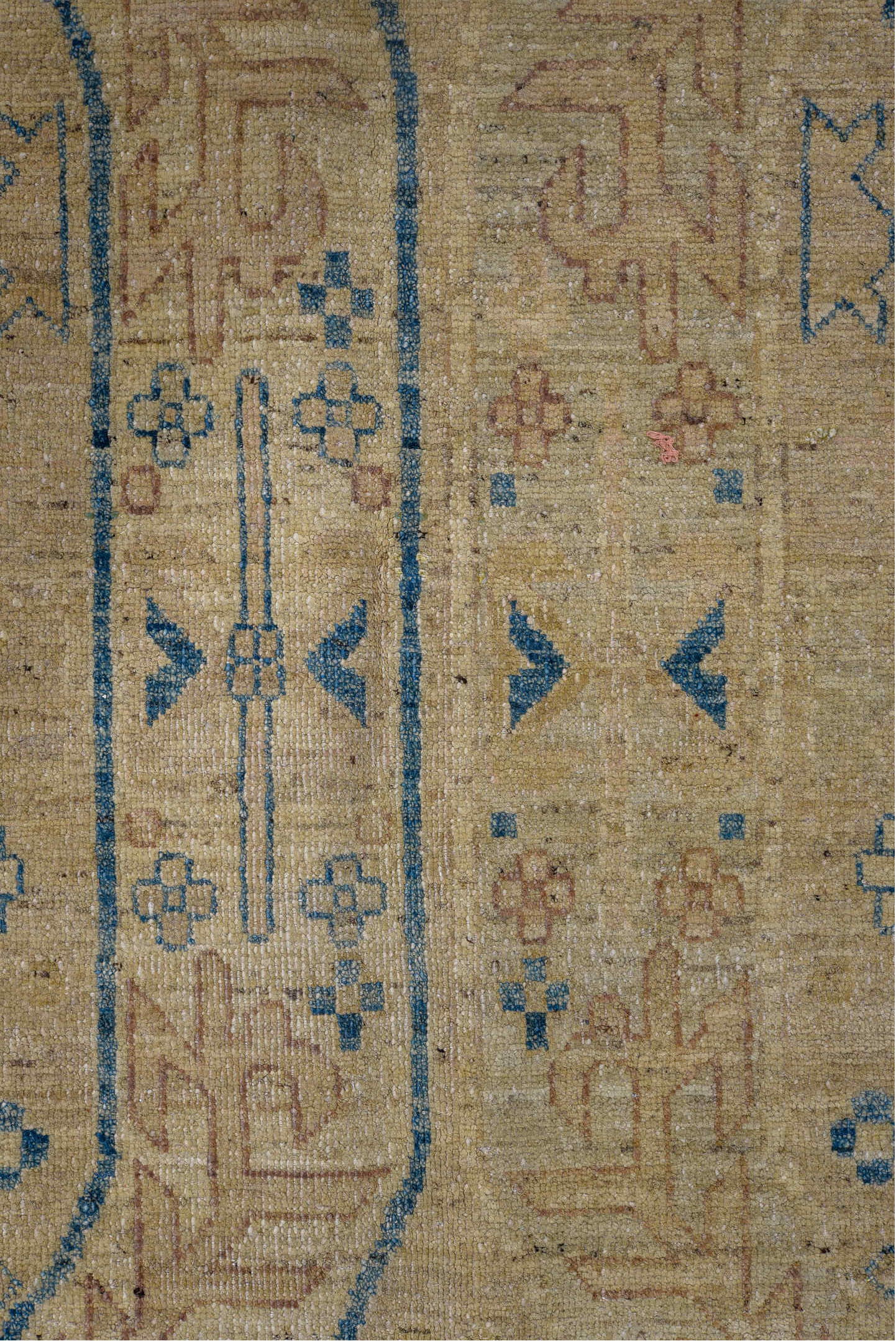 13' x 16' one-of-a-kind handmade vintage Afghan oversize rug. Color palette: tan, beige, camel, blue, ivory, taupe, brown