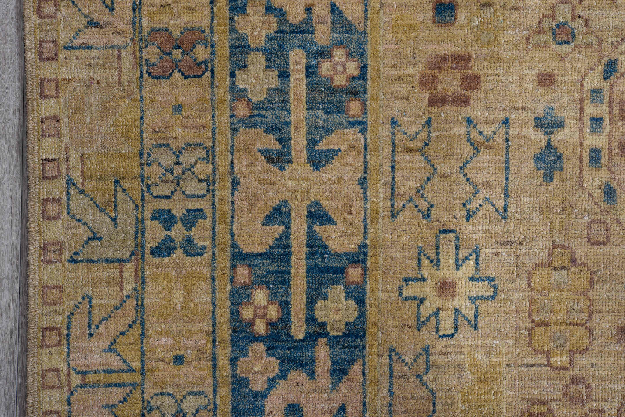 13' x 16' one-of-a-kind handmade vintage Afghan oversize rug. Color palette: tan, beige, camel, blue, ivory, taupe, brown