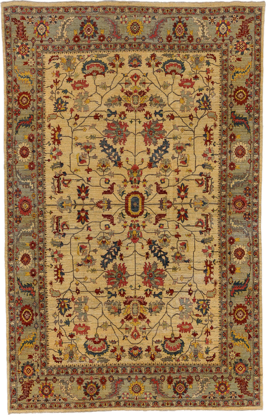 9' x 15' one-of-a-kind handmade vintage Afghan rug. Color palette: ivory, taupe, rust, gold, slate, navy, burgundy, camel