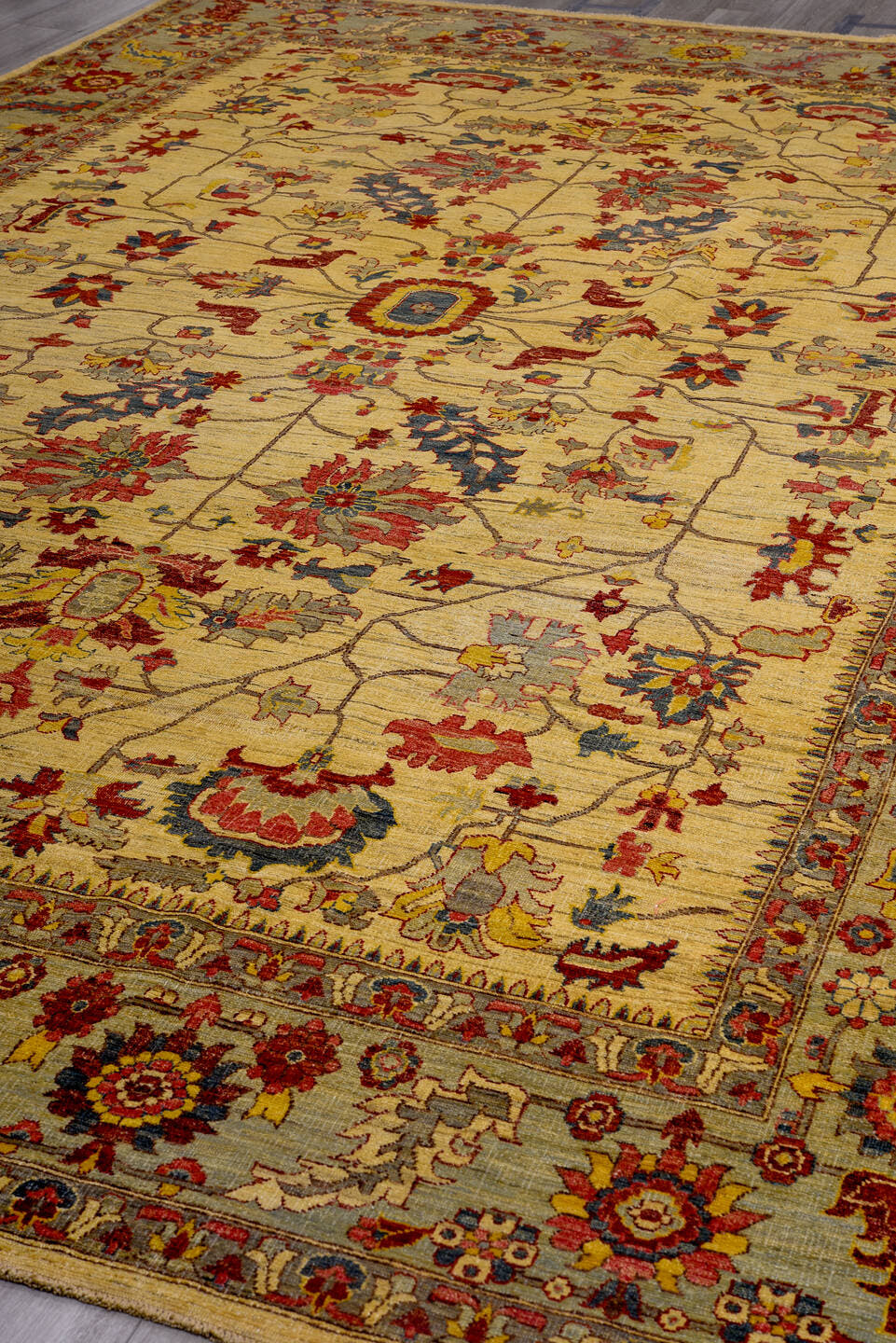 9' x 15' one-of-a-kind handmade vintage Afghan rug. Color palette: ivory, taupe, rust, gold, slate, navy, burgundy, camel