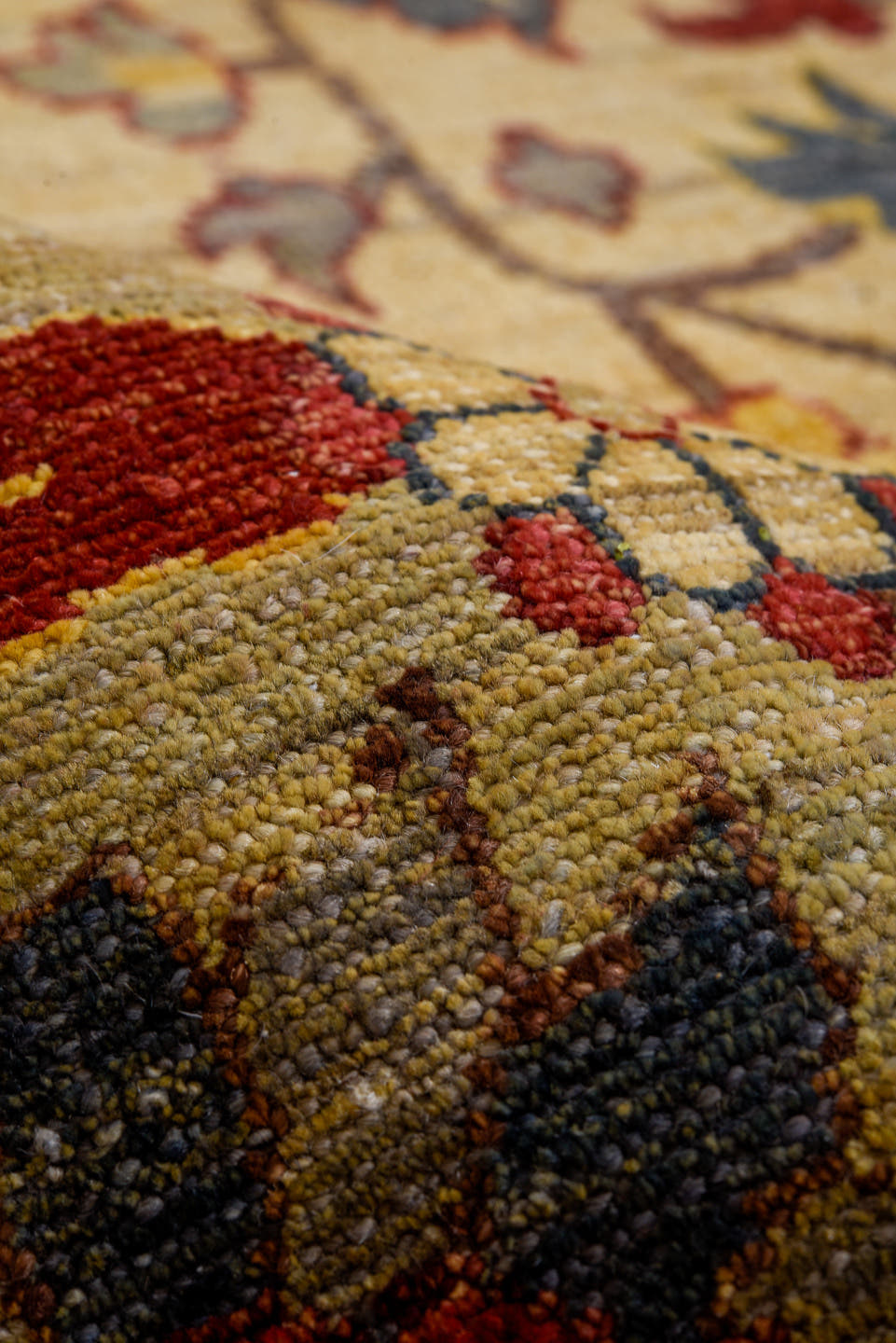 9' x 15' one-of-a-kind handmade vintage Afghan rug. Color palette: ivory, taupe, rust, gold, slate, navy, burgundy, camel