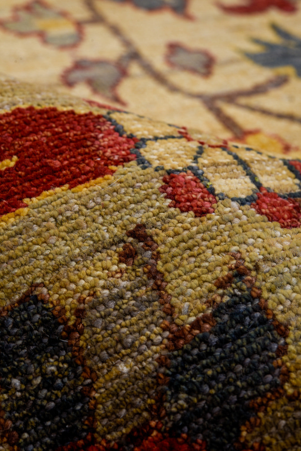 9' x 15' one-of-a-kind handmade vintage Afghan rug. Color palette: ivory, taupe, rust, gold, slate, navy, burgundy, camel