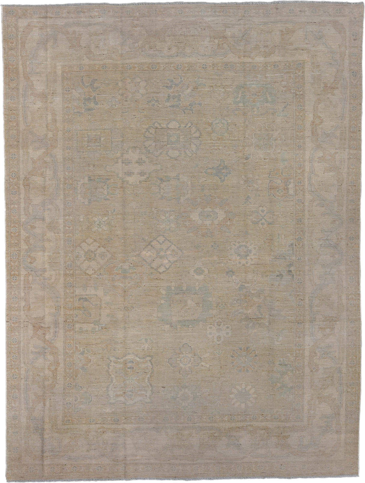 8' x 11' one-of-a-kind handmade vintage Oushak large size rug. Color palette: beige, taupe, ivory, pale blue, sand, camel
