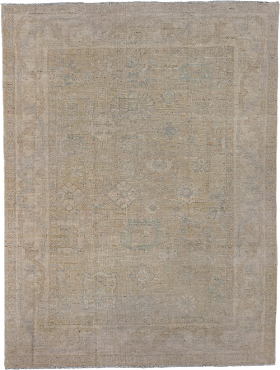 8' x 11' one-of-a-kind handmade vintage Oushak large size rug. Color palette: beige, taupe, ivory, pale blue, sand, camel