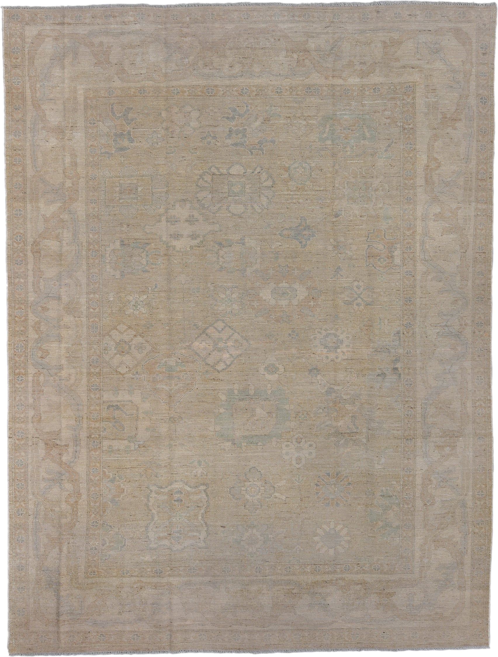 8' x 11' one-of-a-kind handmade vintage Oushak large size rug. Color palette: beige, taupe, ivory, pale blue, sand, camel