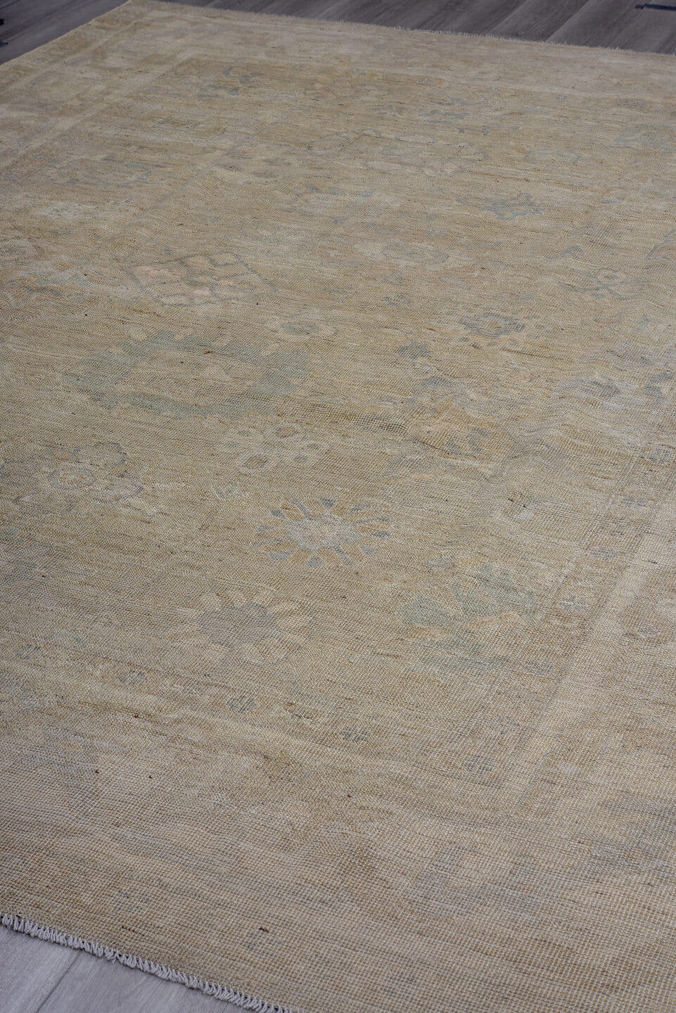 8' x 11' one-of-a-kind handmade vintage Oushak large size rug. Color palette: beige, taupe, ivory, pale blue, sand, camel