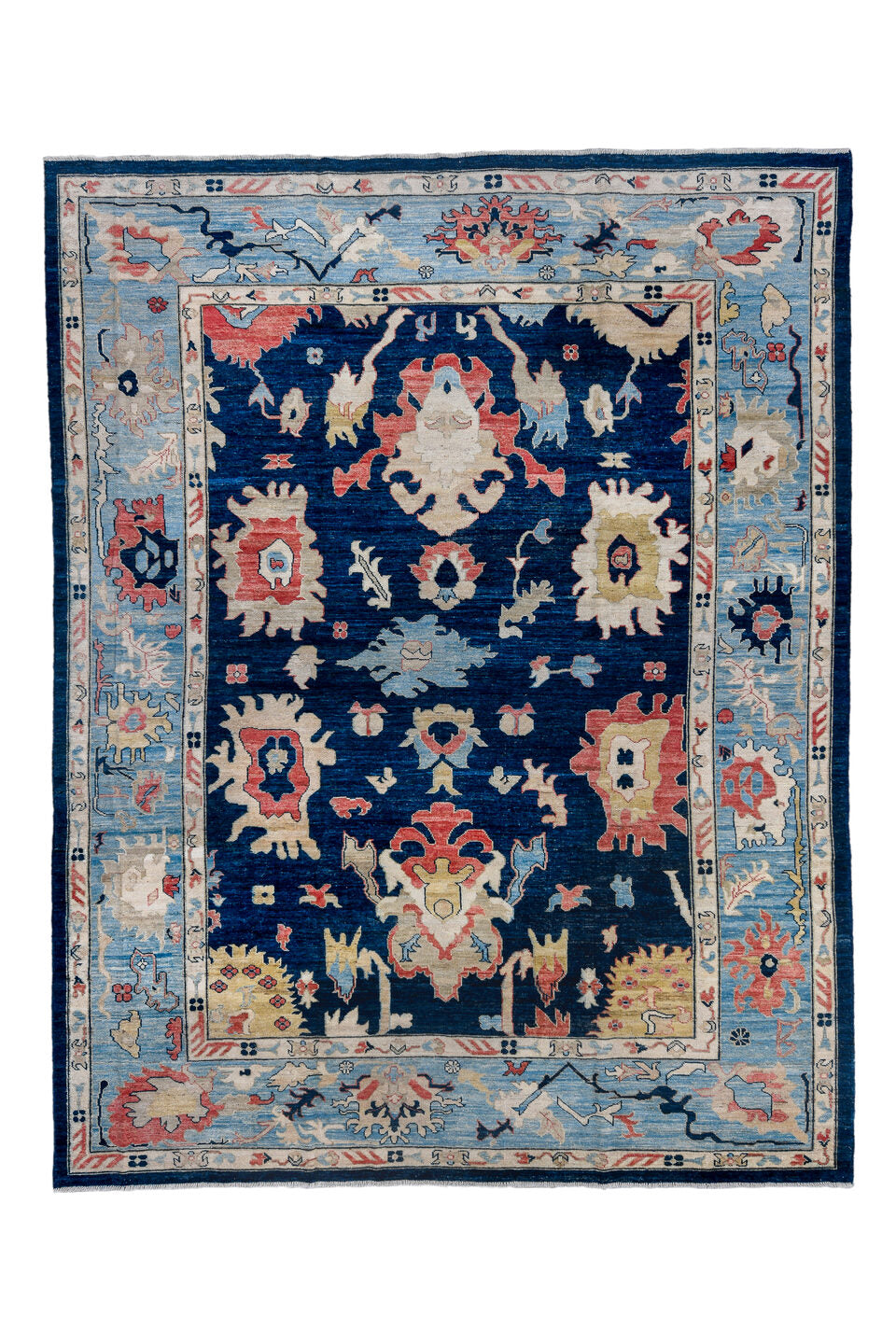 9' x 11' one-of-a-kind handmade vintage Oushak large size rug. Color palette: black, blue, brown, gainsboro, gray