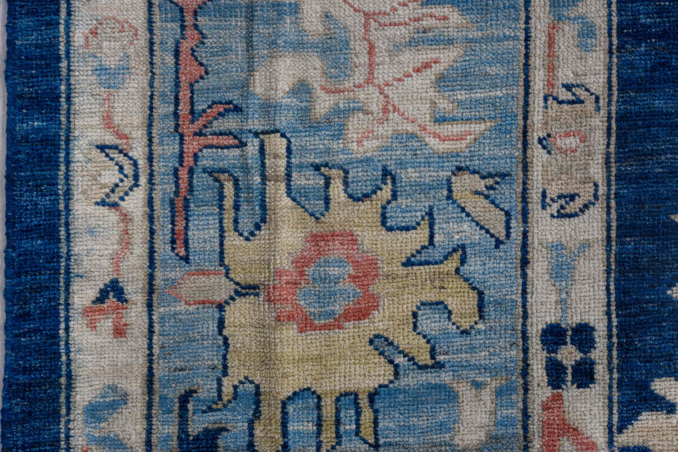 9' x 11' one-of-a-kind handmade vintage Oushak large size rug. Color palette: black, blue, brown, gainsboro, gray