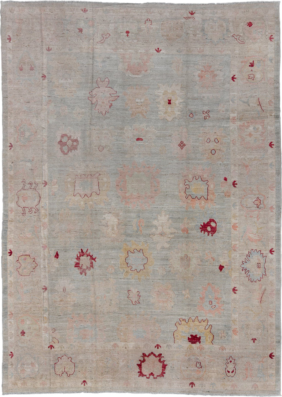 9' x 13' one-of-a-kind handmade vintage Oushak large size rug. Color palette: ivory, pale blue, blush, crimson, soft gold