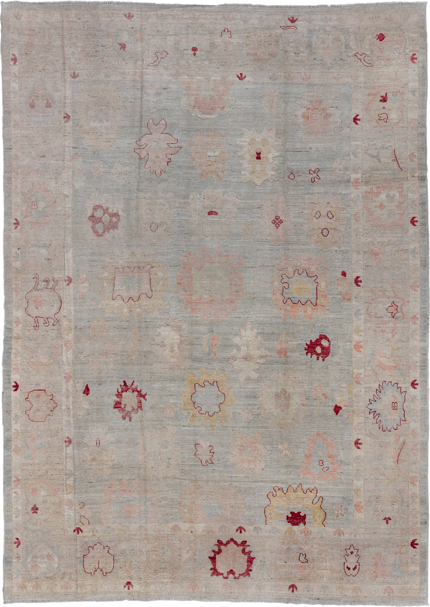9' x 13' one-of-a-kind handmade vintage Oushak large size rug. Color palette: ivory, pale blue, blush, crimson, soft gold