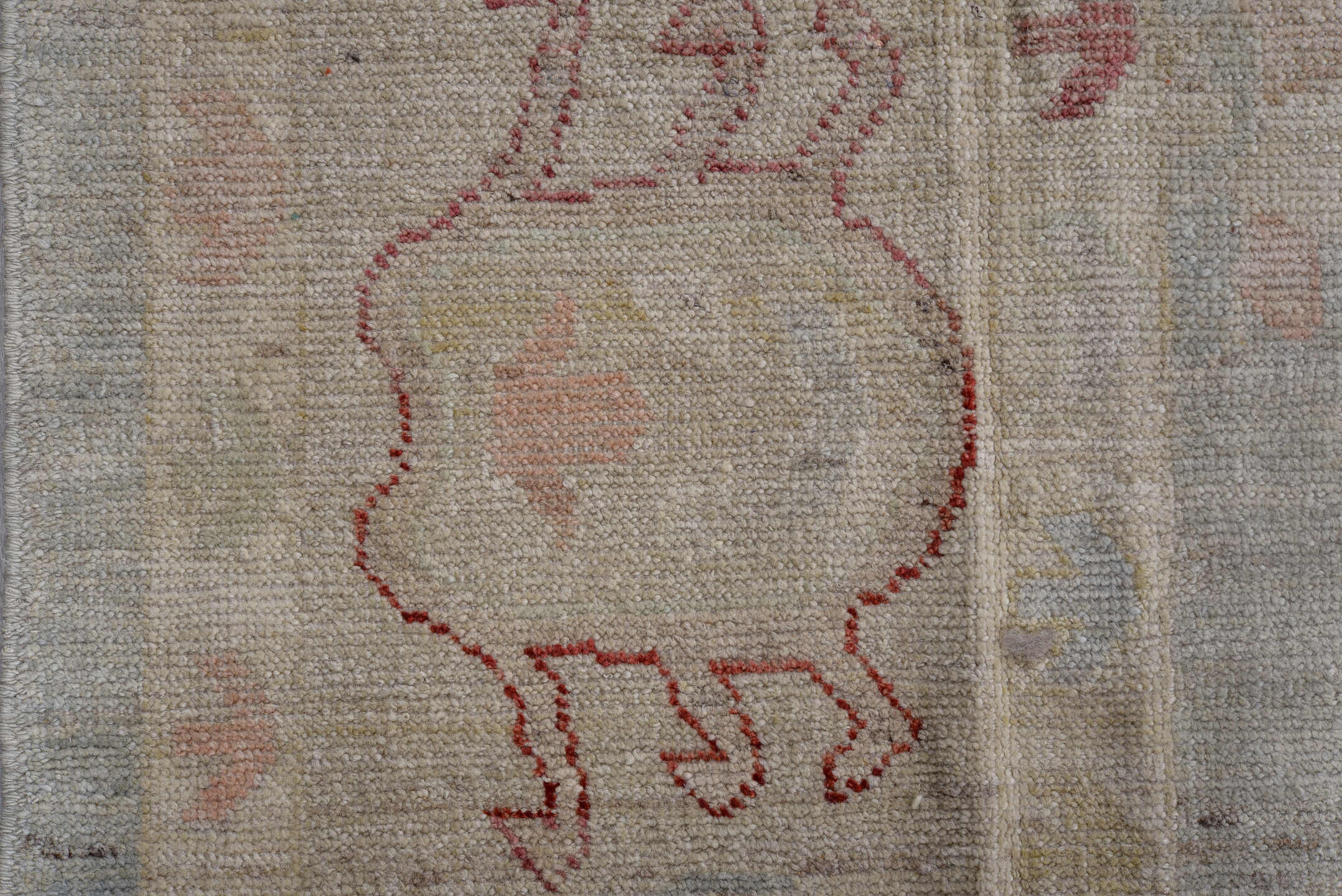 9' x 13' one-of-a-kind handmade vintage Oushak large size rug. Color palette: ivory, pale blue, blush, crimson, soft gold