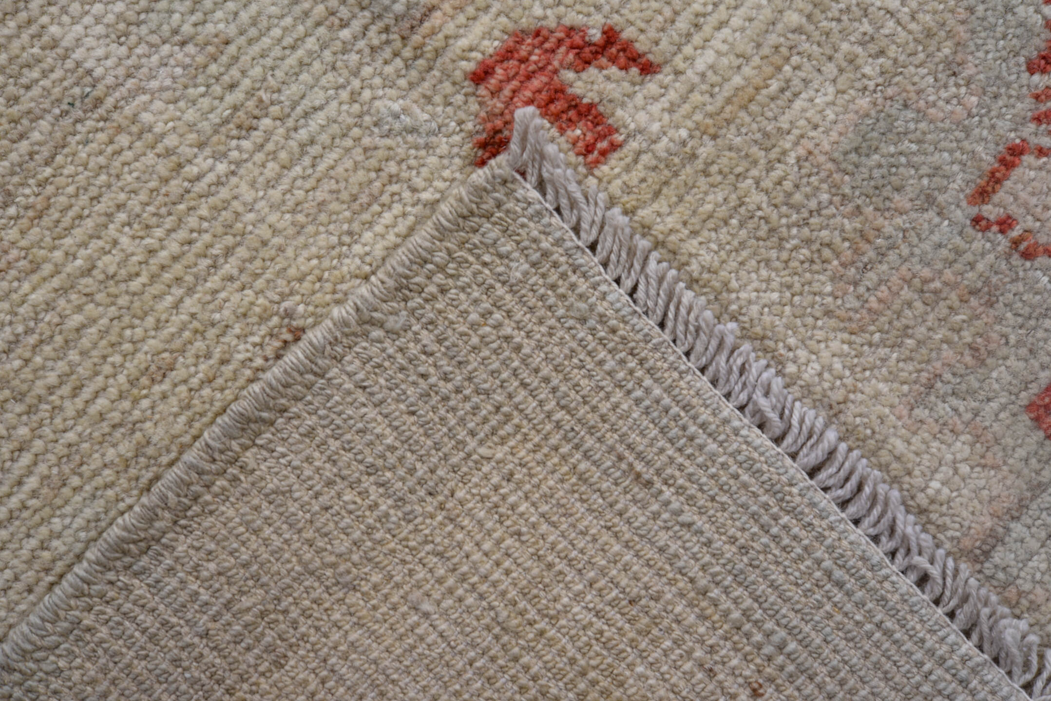 9' x 13' one-of-a-kind handmade vintage Oushak large size rug. Color palette: ivory, pale blue, blush, crimson, soft gold
