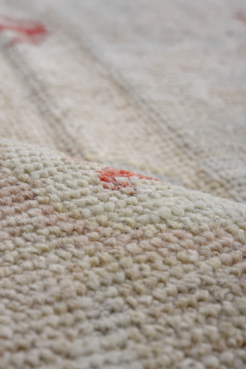 9' x 13' one-of-a-kind handmade vintage Oushak large size rug. Color palette: ivory, pale blue, blush, crimson, soft gold