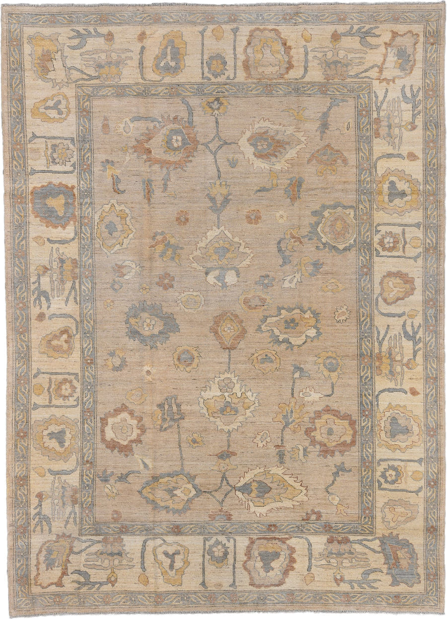 10' x 13' one-of-a-kind handmade vintage Oushak large size rug. Color palette: beige, ivory, powder_blue, gold, rust, taupe