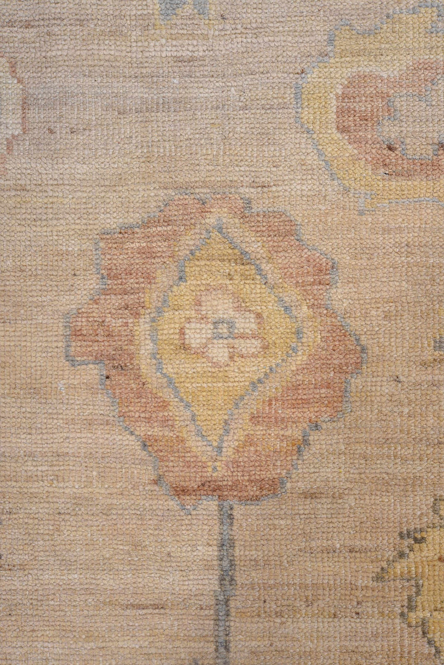 10' x 13' one-of-a-kind handmade vintage Oushak large size rug. Color palette: beige, ivory, powder_blue, gold, rust, taupe