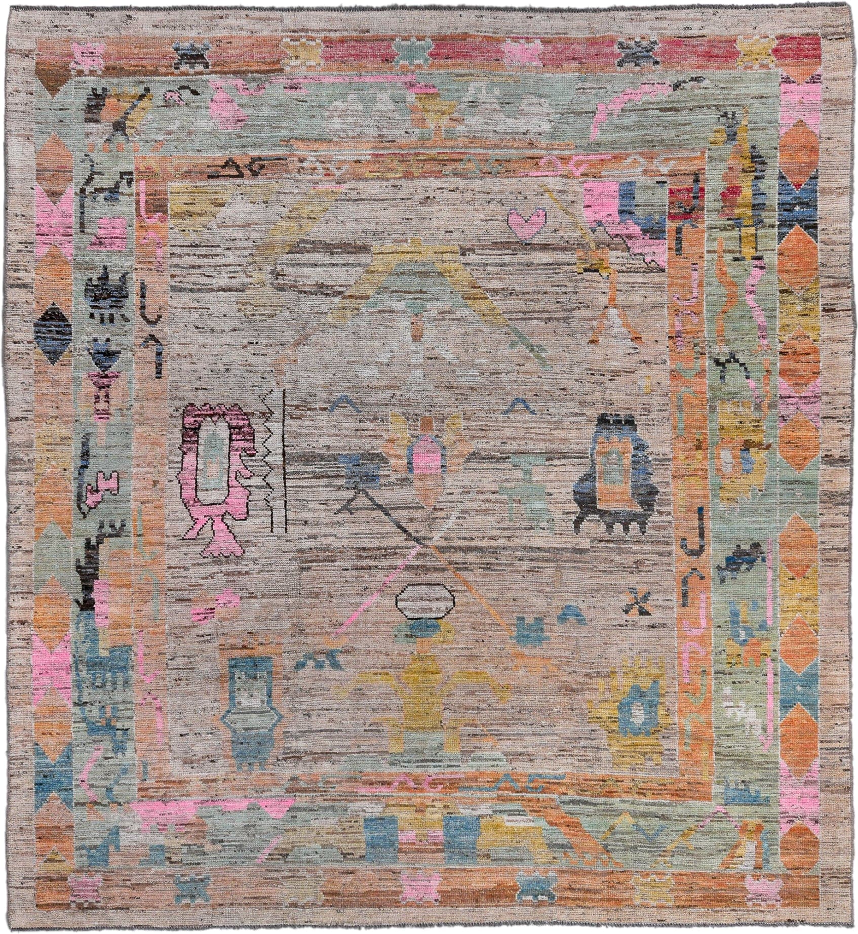 8' x 9' one-of-a-kind handmade vintage Oushak large size rug. Color palette: taupe, sage, blush, apricot, sky blue, gold