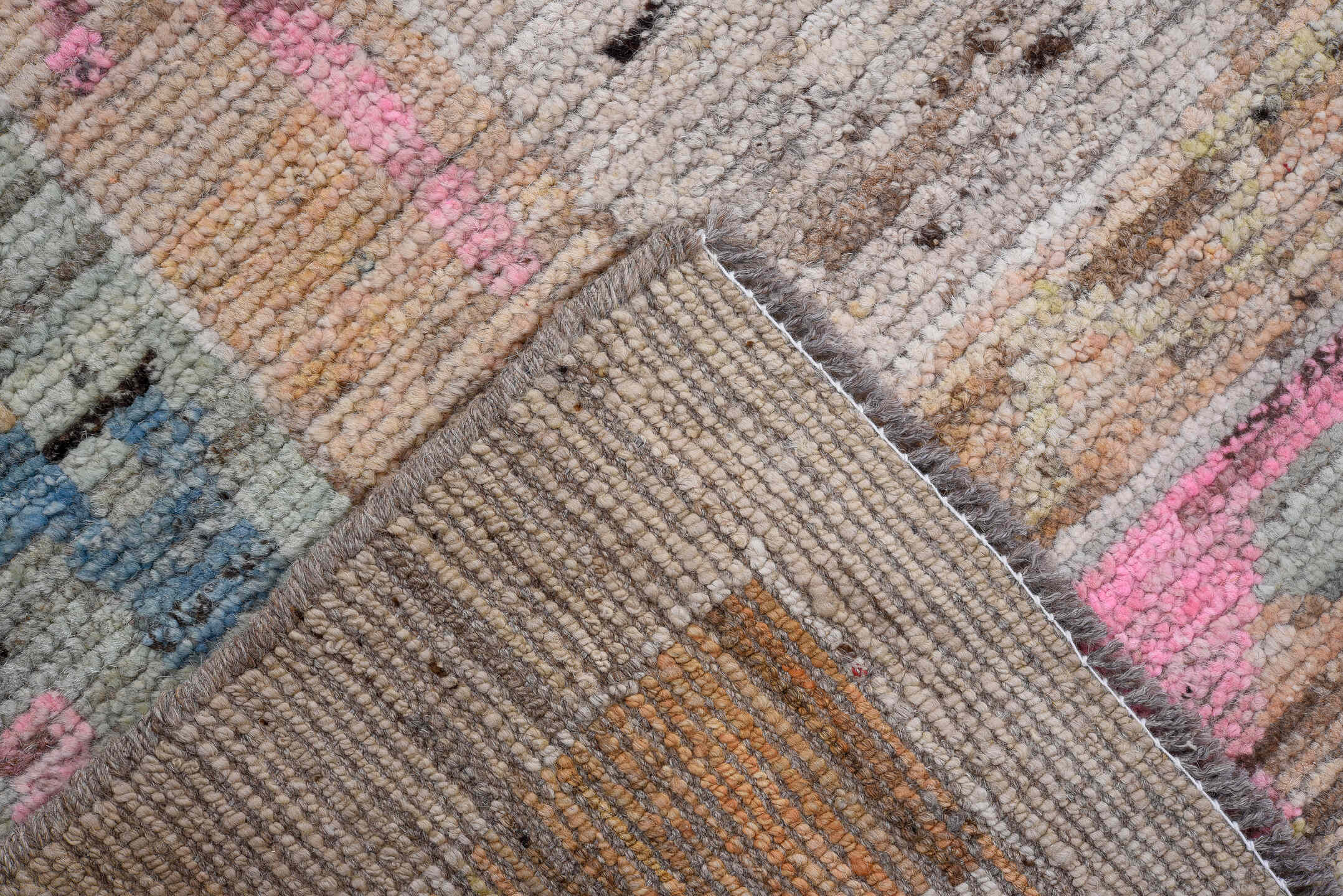 8' x 9' one-of-a-kind handmade vintage Oushak large size rug. Color palette: taupe, sage, blush, apricot, sky blue, gold