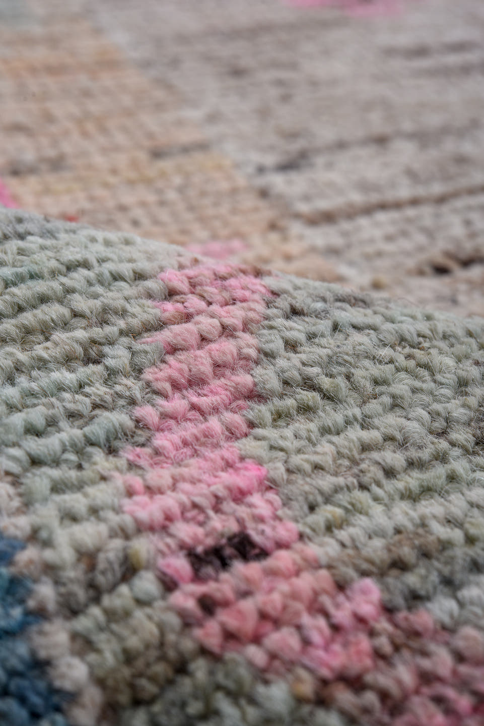 8' x 9' one-of-a-kind handmade vintage Oushak large size rug. Color palette: taupe, sage, blush, apricot, sky blue, gold