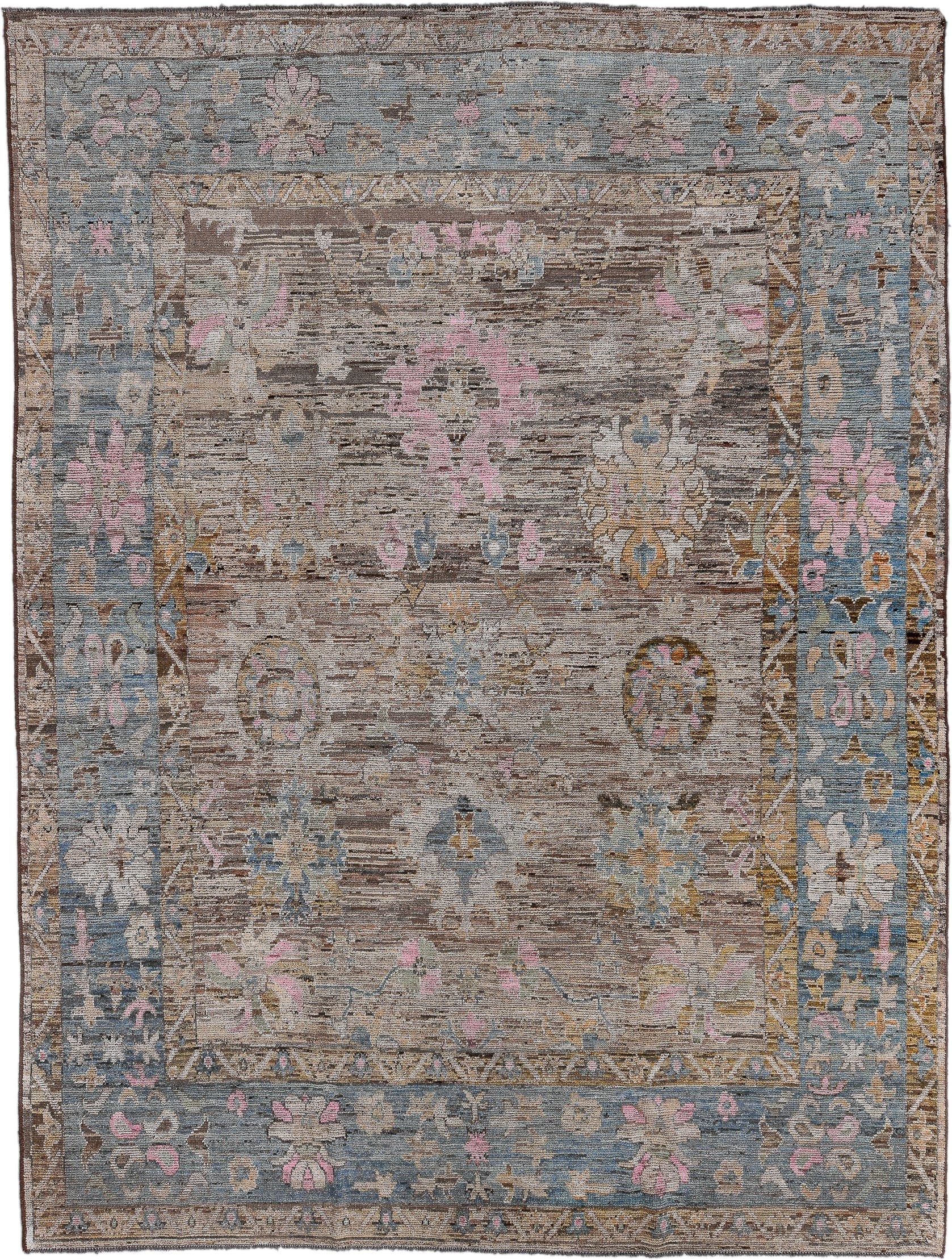 10' x 13' one-of-a-kind handmade vintage Oushak large size rug. Color palette: taupe, slate, ivory, rose, gold, camel, brown
