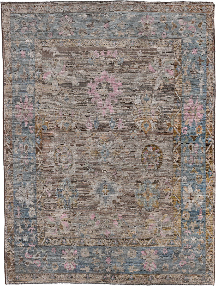 10' x 13' one-of-a-kind handmade vintage Oushak large size rug. Color palette: taupe, slate, ivory, rose, gold, camel, brown
