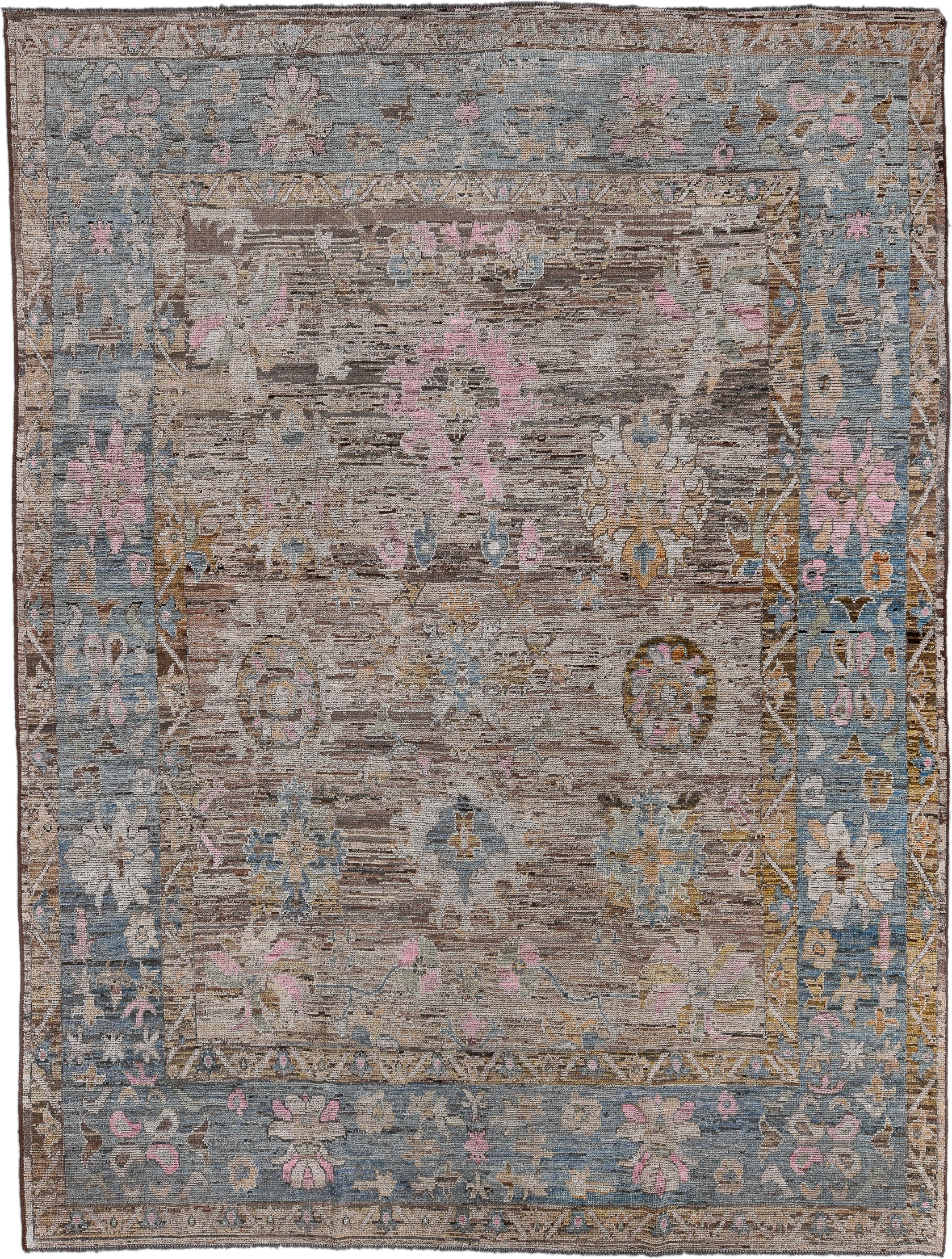 10' x 13' one-of-a-kind handmade vintage Oushak large size rug. Color palette: taupe, slate, ivory, rose, gold, camel, brown