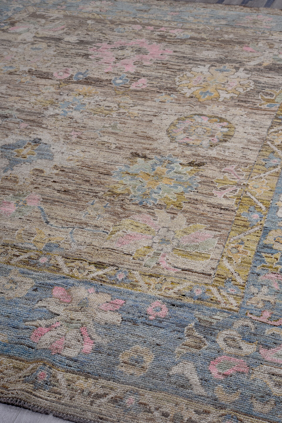 10' x 13' one-of-a-kind handmade vintage Oushak large size rug. Color palette: taupe, slate, ivory, rose, gold, camel, brown