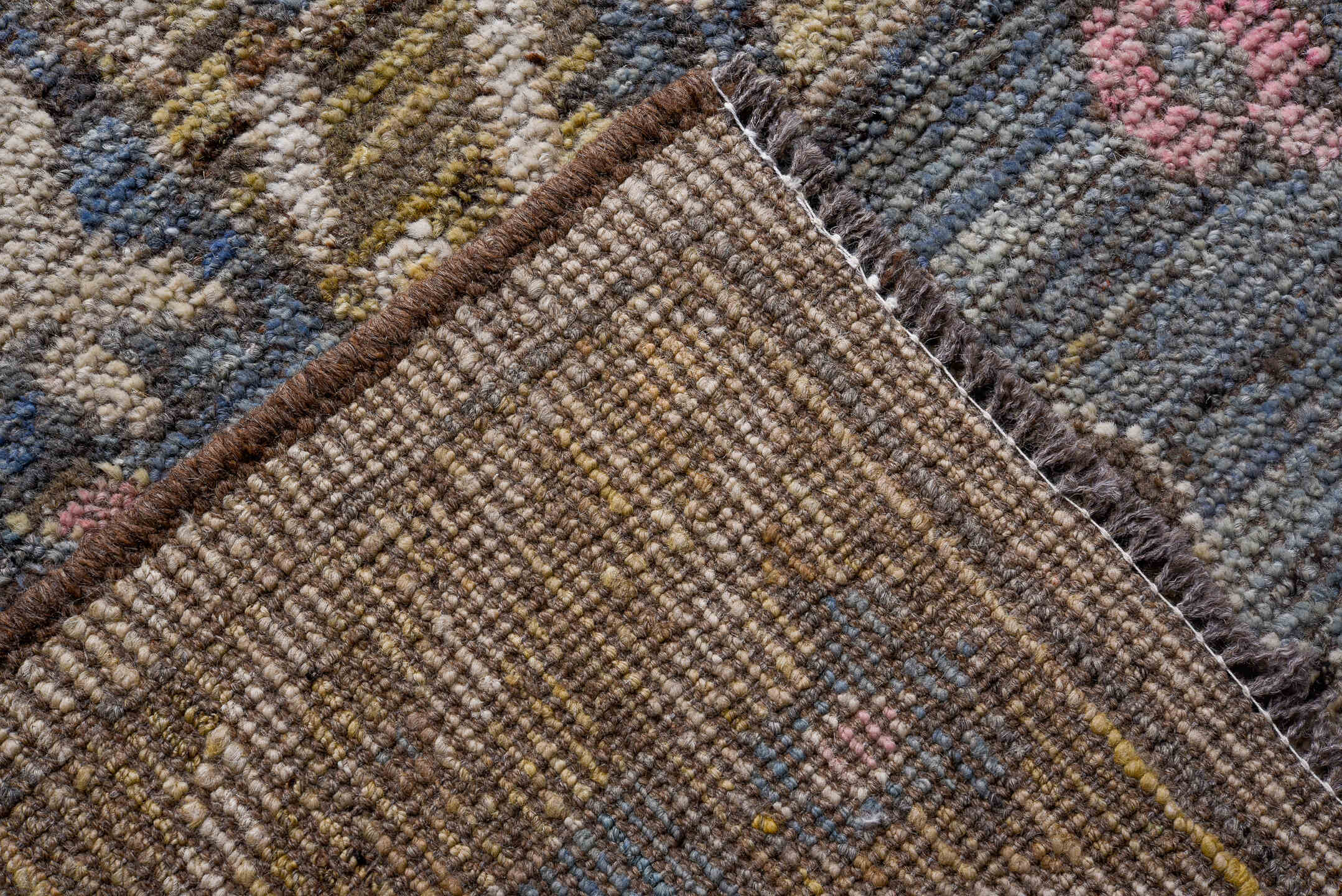 10' x 13' one-of-a-kind handmade vintage Oushak large size rug. Color palette: taupe, slate, ivory, rose, gold, camel, brown